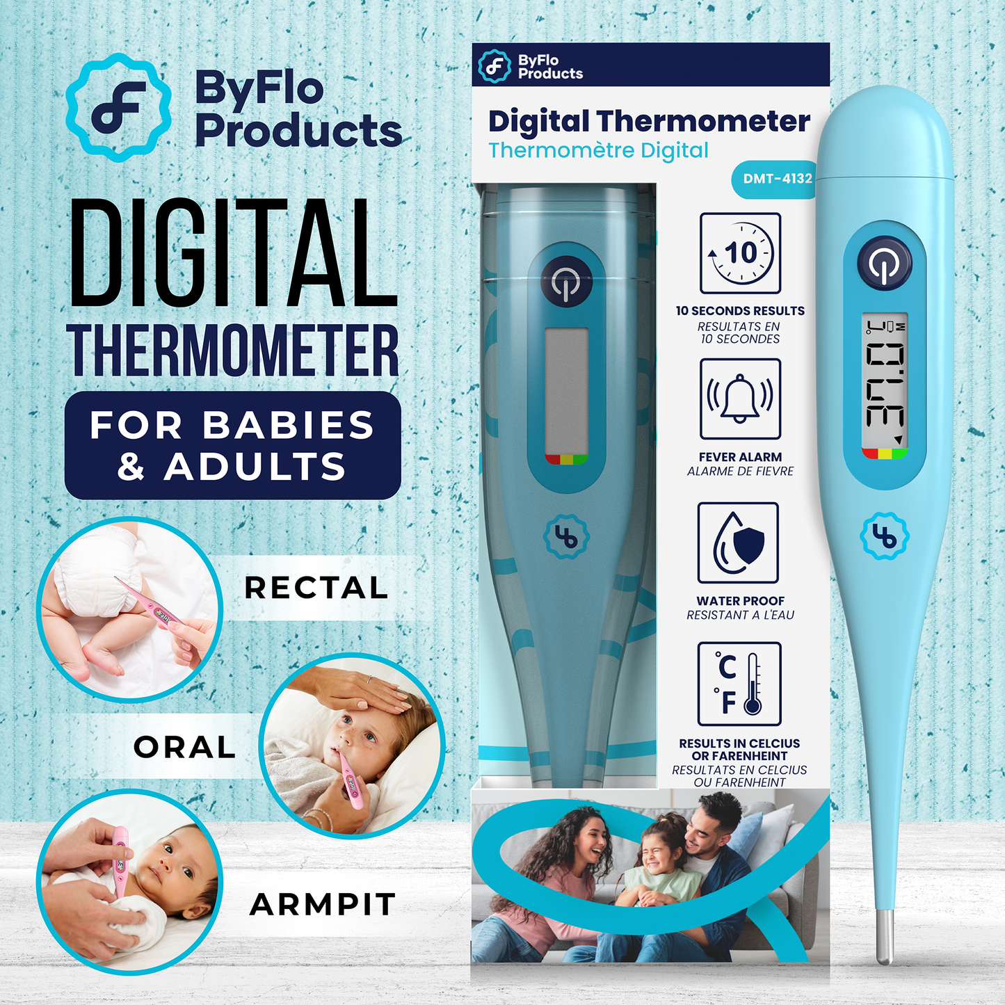 ByFloProducts Thermomètre numérique – Thermomètre oral, rectal et aisselles (DMT-4132 Bleu)