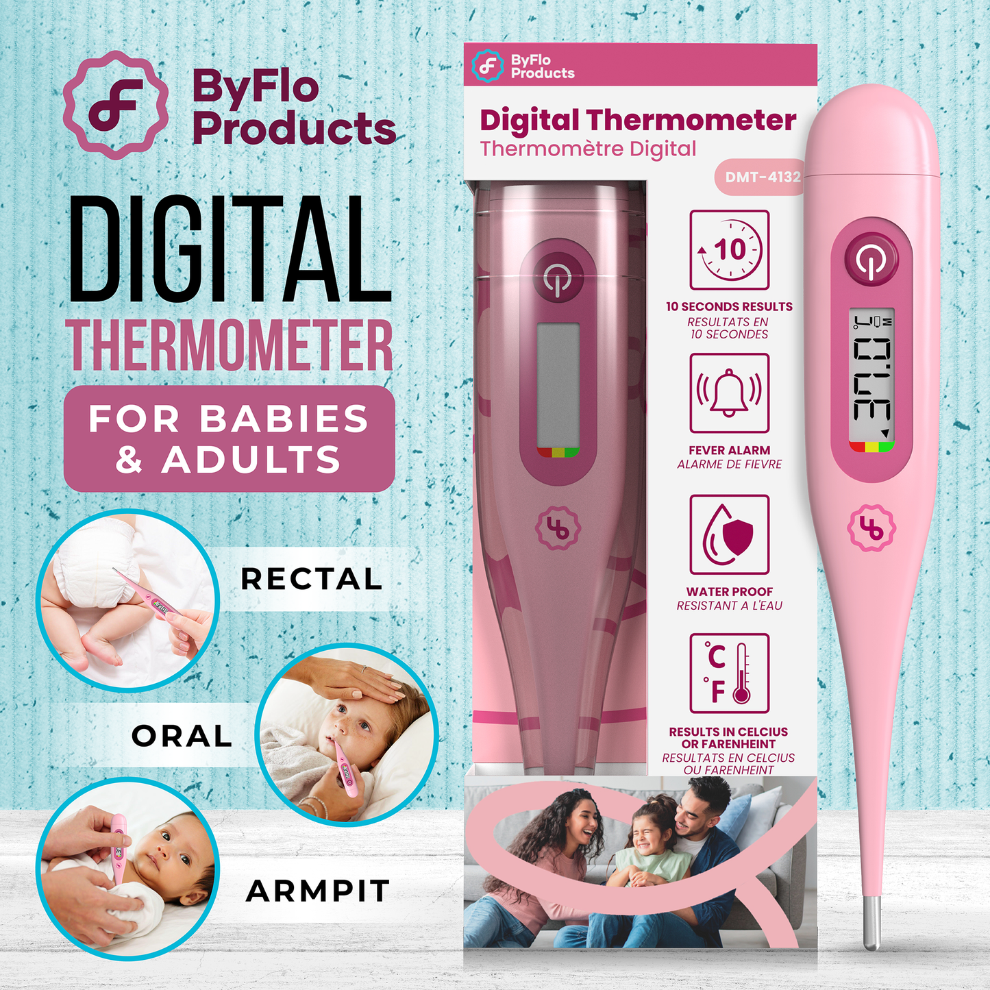 ByFloProducts Digital Thermometer - Oral Thermometer, Rectal & Underarm (DMT-4132 Pink)