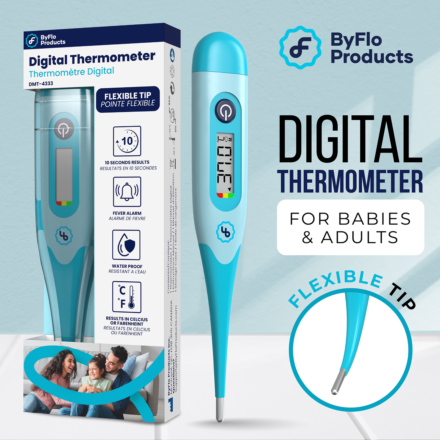 ByFloProducts Digital Thermometer - Flexible Tip - Oral Thermometer, Rectal & Underarm (DMT-4333 Blue)