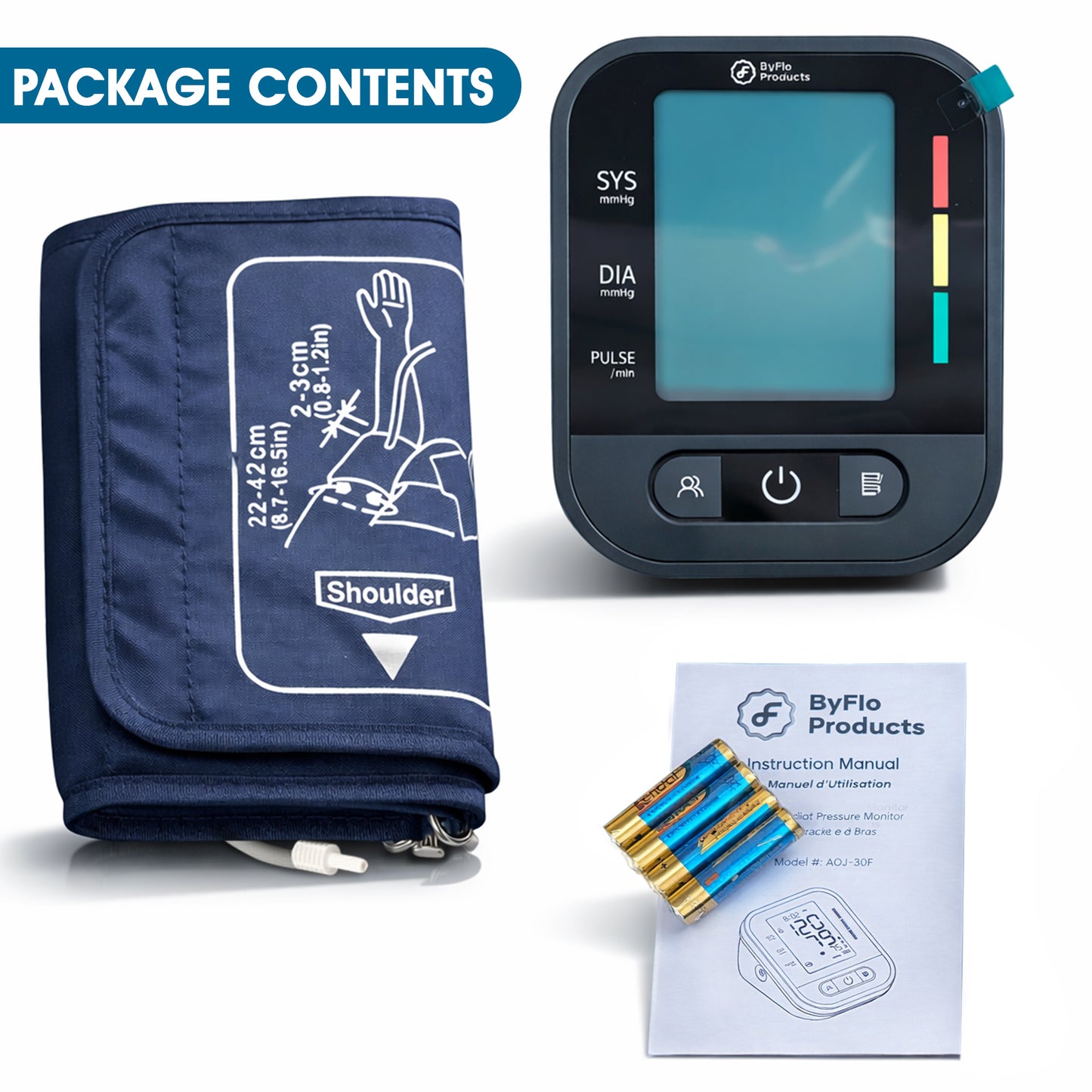 ByFloProducts Blood Pressure Monitor for Home Use – Digital Heart Rate Monitor with Backlit LCD Screen, Includes Blood Pressure Cuff, 4 AAA Batteries, Perfect Automatic Blood Pressure Machine (AOJ-30F)