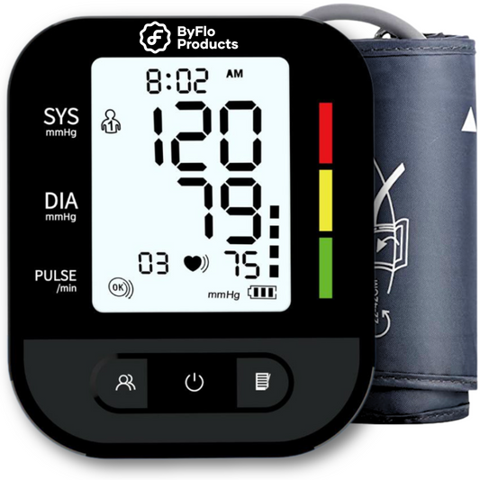 ByFloProducts Blood Pressure Monitor for Home Use – Digital Heart Rate Monitor with Backlit LCD Screen, Includes Blood Pressure Cuff, 4 AAA Batteries, Perfect Automatic Blood Pressure Machine (AOJ-30F)