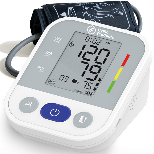 ByFloProducts - Blood Pressure Monitor for Home Use with Heart Rate Monitor - Reliable & Automatic Blood Pressure Machine with Cuff, 2x99 Memory Includes 4 AAA Batteries (ARM-30E+)
