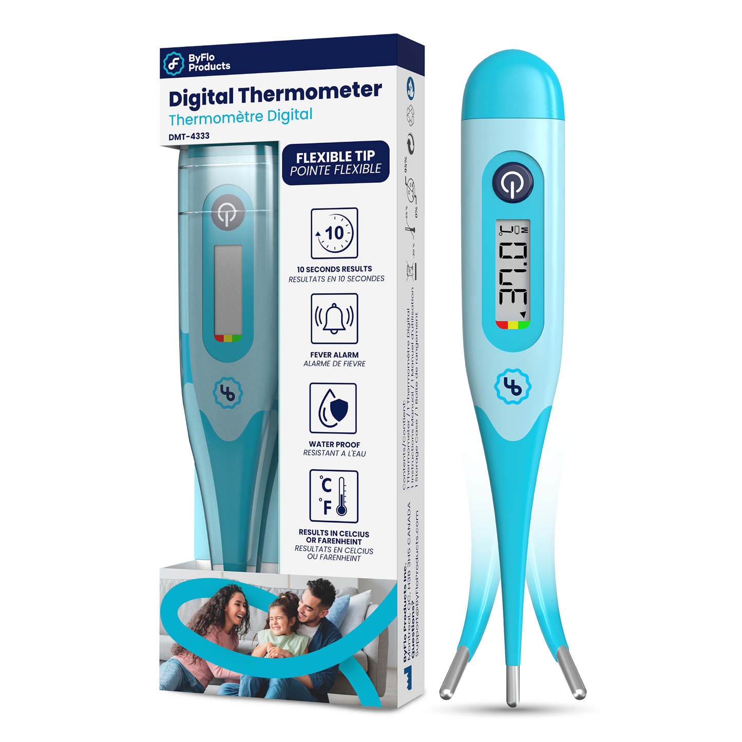 ByFloProducts Digital Thermometer - Flexible Tip - Oral Thermometer, Rectal & Underarm (DMT-4333 Blue)