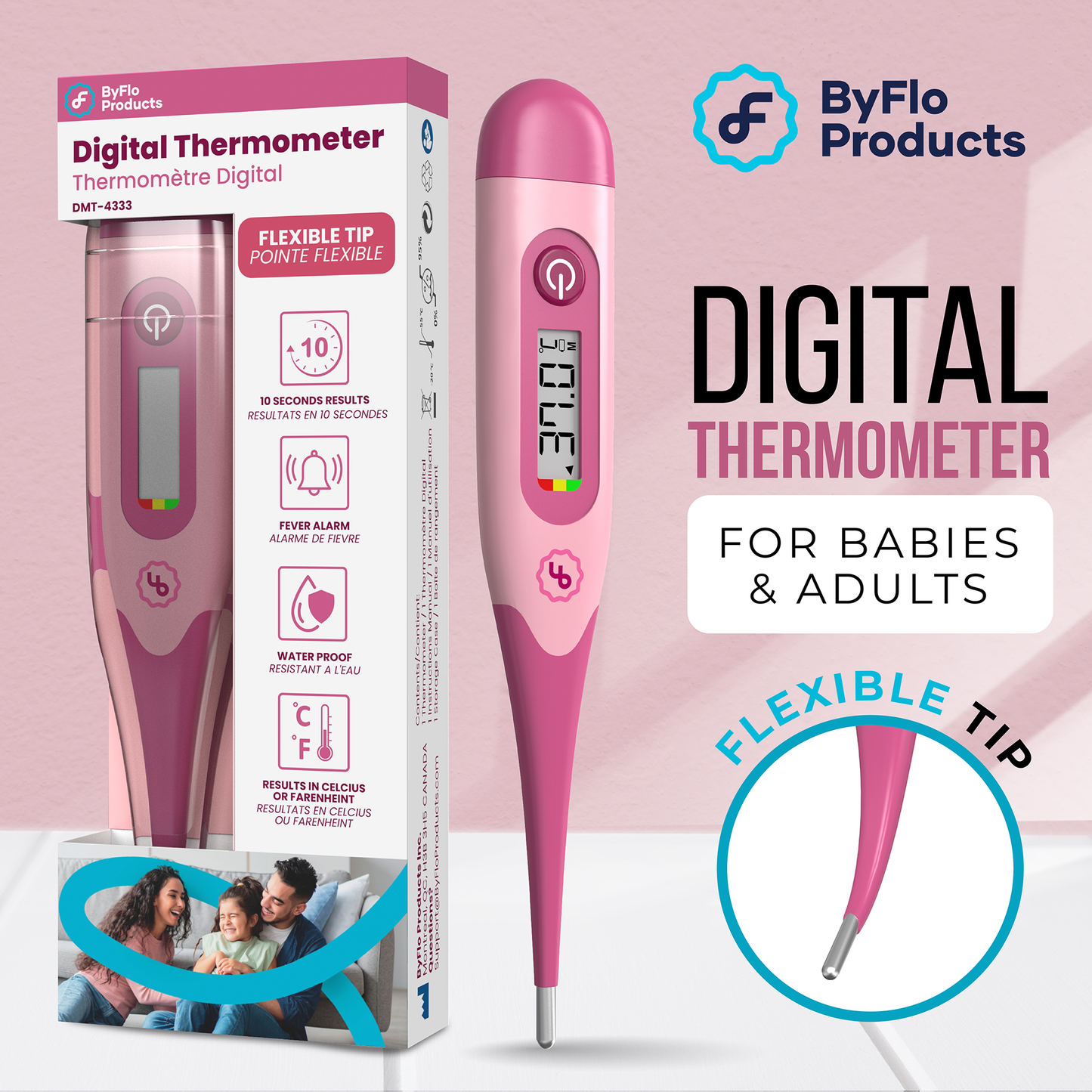 ByFloProducts Digital Thermometer - Flexible Tip - Oral Thermometer, Rectal & Underarm (DMT-4333 Pink)