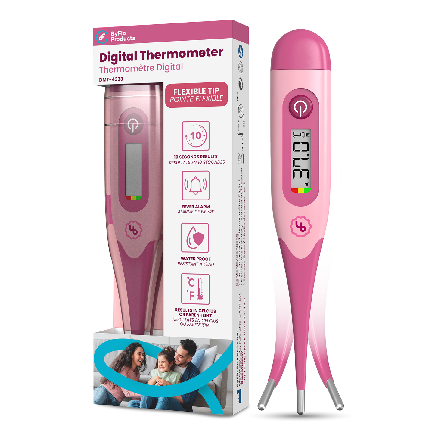 ByFloProducts Thermomètre numérique – Pointe Flexible - Thermomètre oral, rectal et aisselles (DMT-4333 Rose)