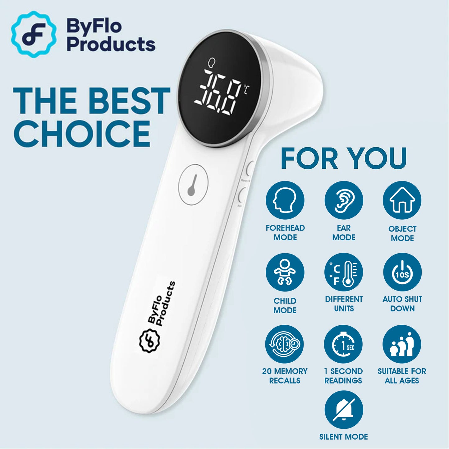 ByFloProducts 4-in-1 Non-Contact Infrared Thermometer (JPD-FR301)