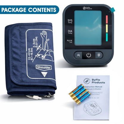 ByFloProducts Blood Pressure Monitor for Home Use – Digital Heart Rate Monitor with Backlit LCD Screen, Includes Blood Pressure Cuff, 4 AAA Batteries, Perfect Automatic Blood Pressure Machine (AOJ-30F)