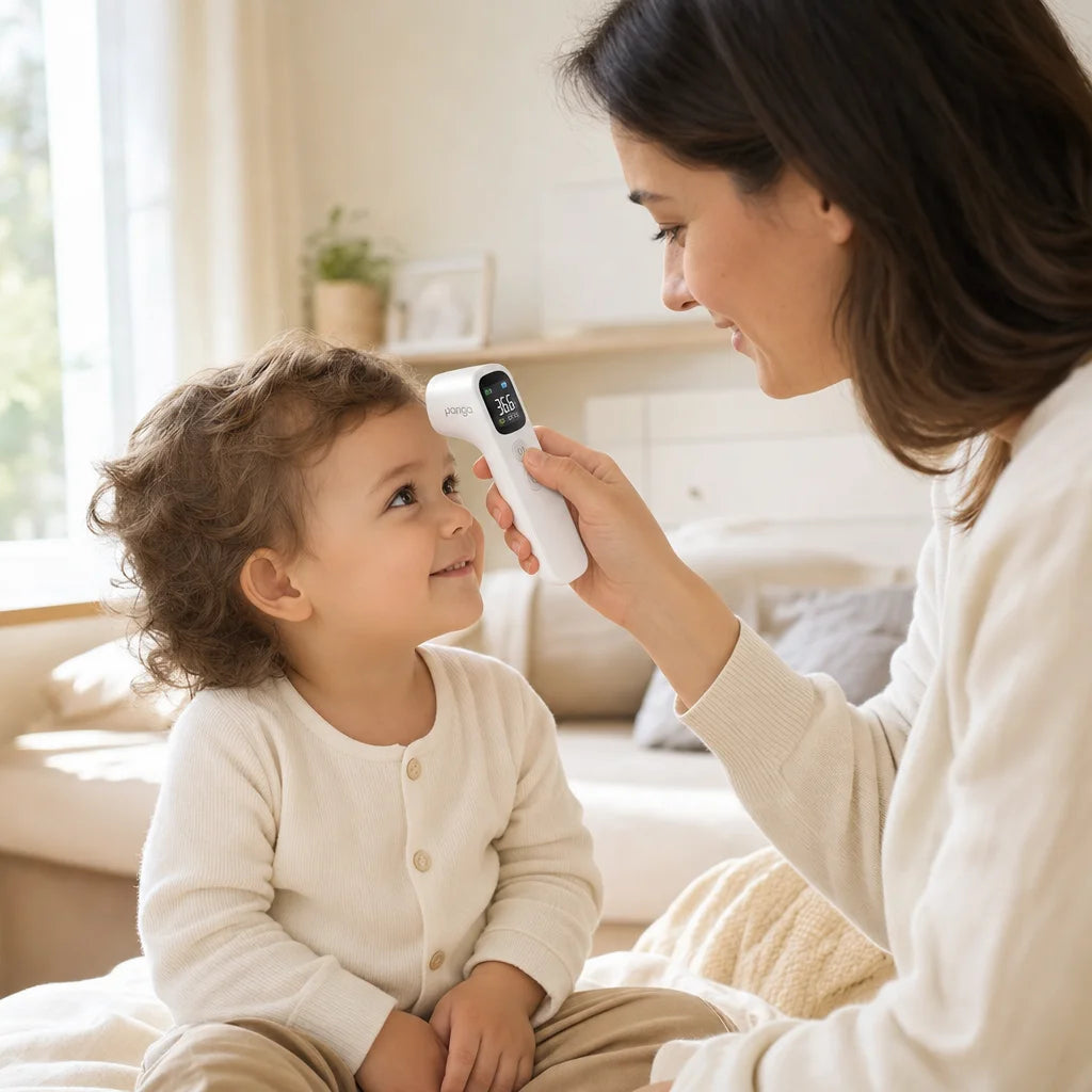 A parent using a ByFloProducts forehead thermometer with their child at home