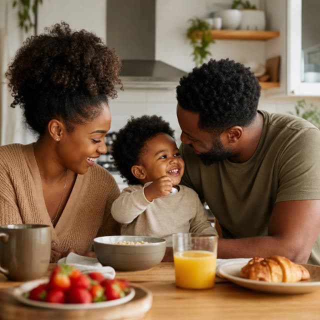 Young family sharing breakfast at home