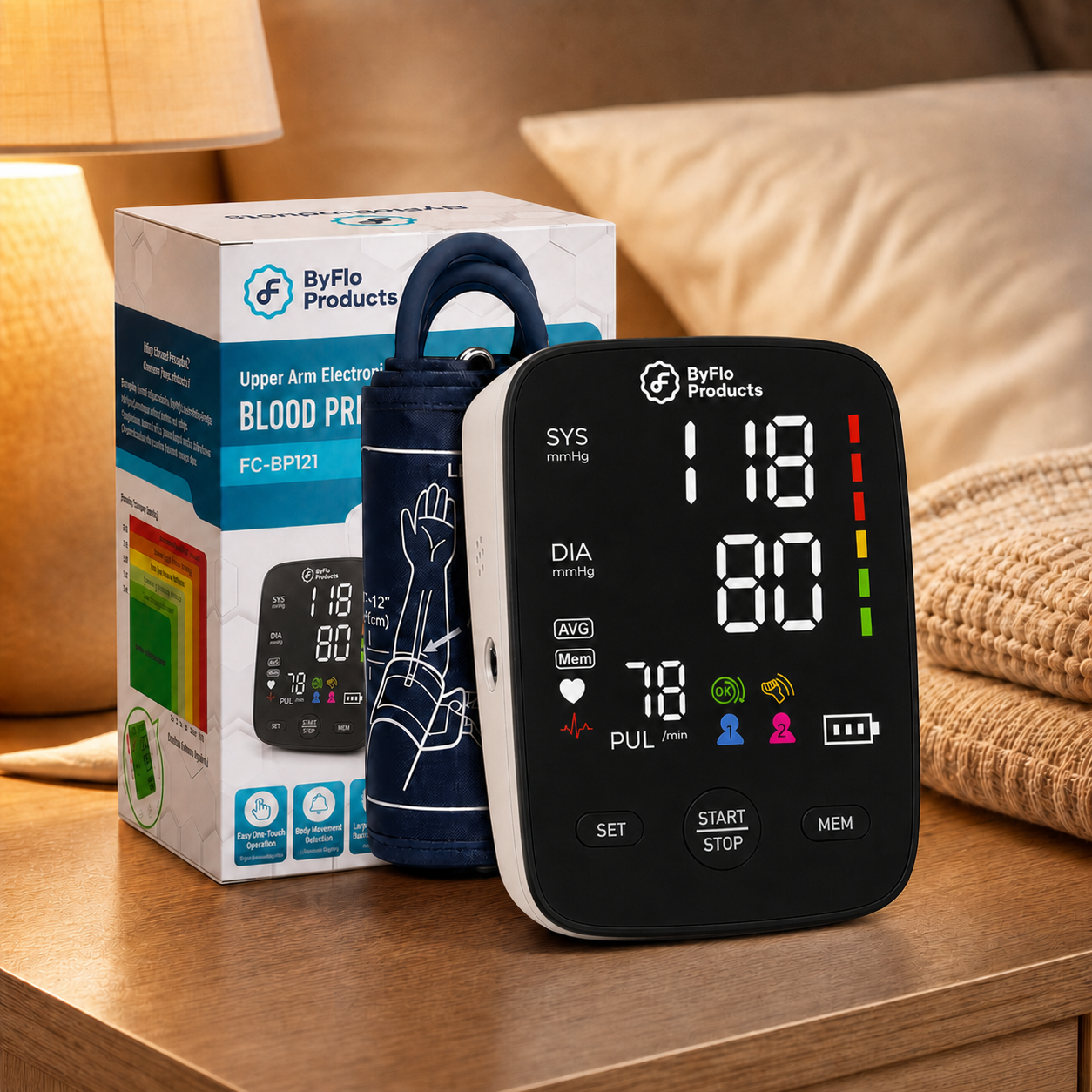 ByFlo Products upper arm blood pressure monitor resting on a bedside table