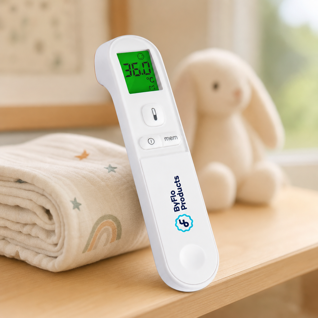 ByFlo Products forehead thermometer on a nursery shelf beside a folded blanket